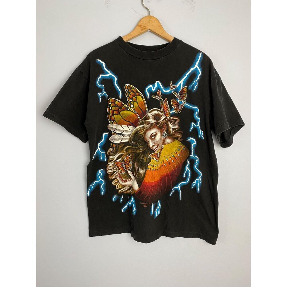 Vintage American Thunder Butterfly Girl Lightning Double Sided T-shirt, Size L